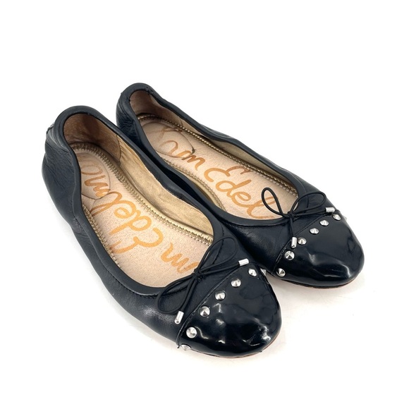 Sam Edelman Fina Black Studded Bow Leather Slip On Cap Toe Ballet Flat - Picture 2 of 5